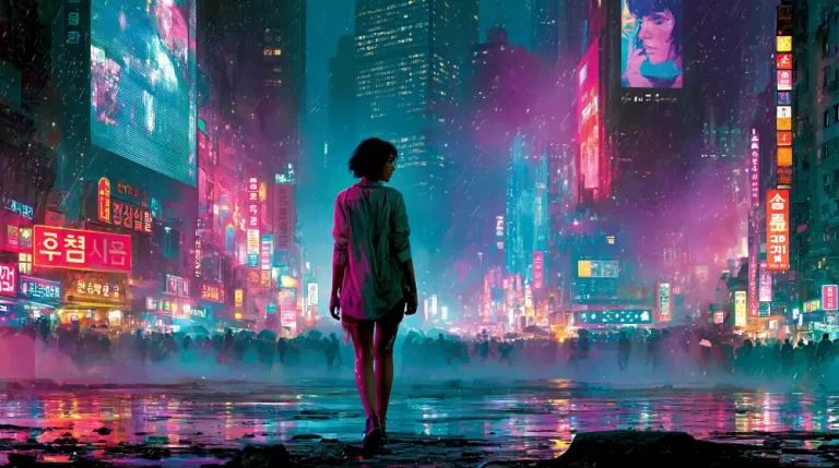 Solitary woman standing in a vast rainy cyberpunk street filled with neon signs and mist.