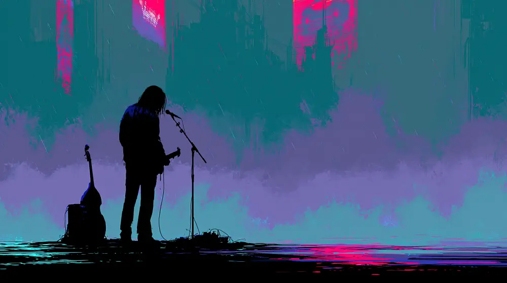 Silhouetted street musician performing in a glowing cyberpunk city beneath neon reflections.