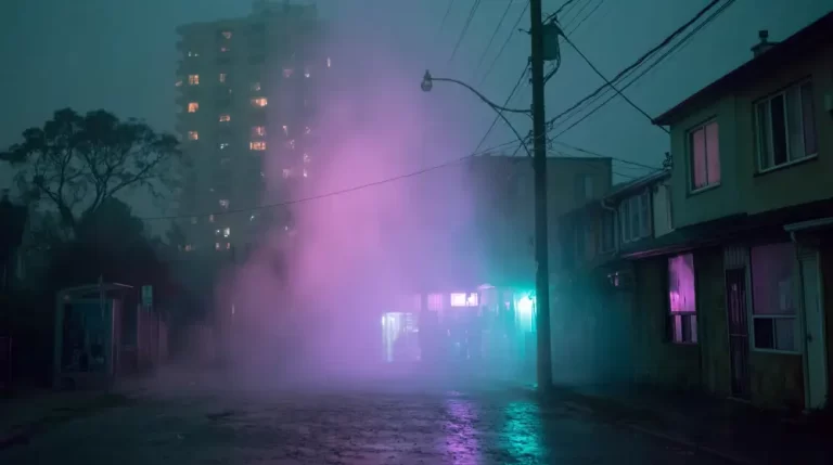 Quiet cyberpunk suburban street with houses, rain, trees, and glowing neon fog.