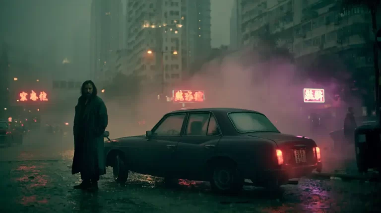 Lone woman standing beside a vintage car on a rainy cyberpunk street with neon signs.