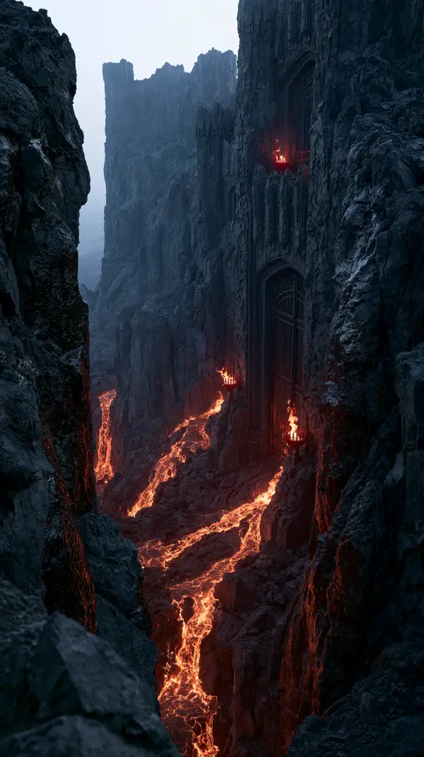 A towering dark volcanic citadel rises above glowing lava rivers flowing through a narrow rocky canyon guarded by massive gates.