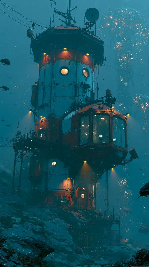 A futuristic deep sea research observation tower stands on the ocean floor surrounded by marine life and glowing jellyfish-like organisms.