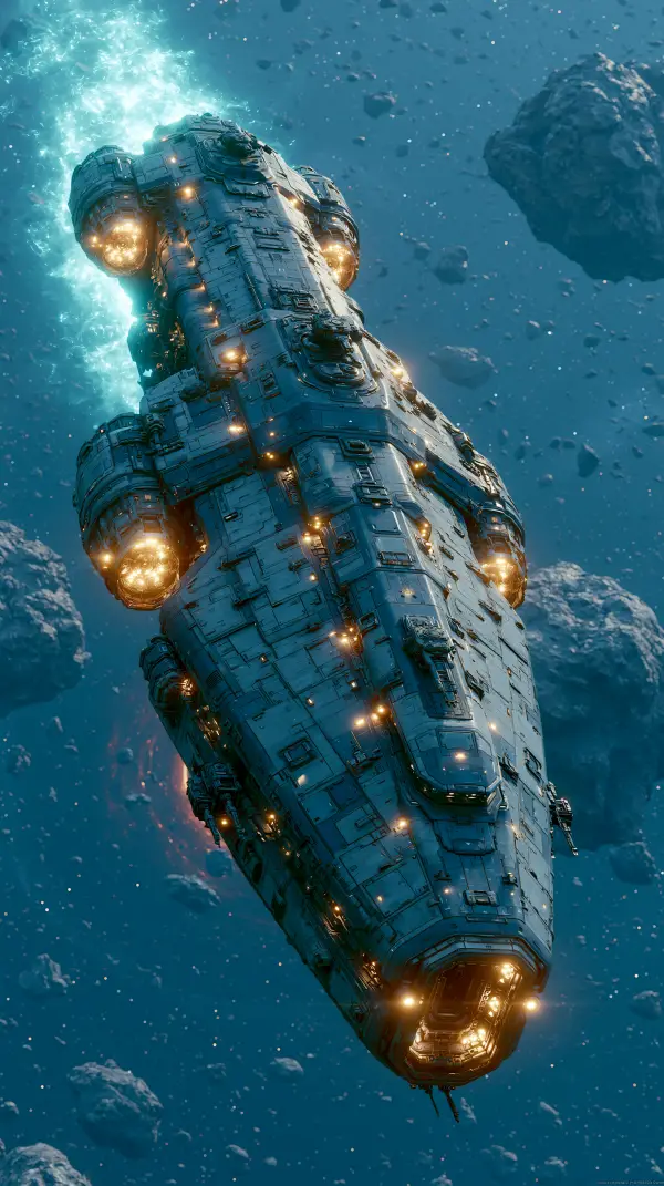 A futuristic exploratory starship travels through a dense asteroid field with powerful engines illuminating the surrounding deep space.