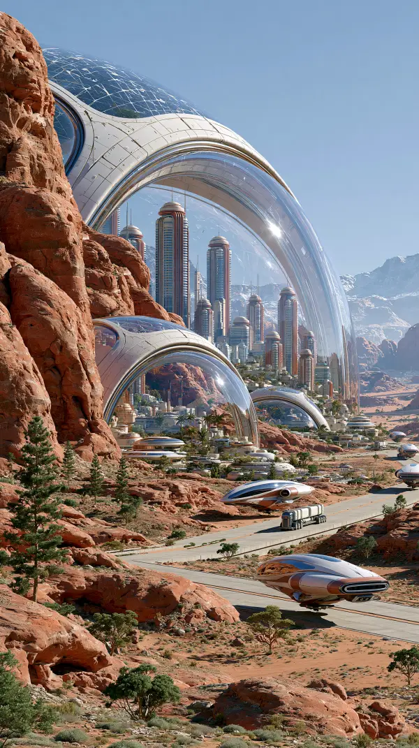 A futuristic atomic-age city protected by giant glass domes rises among red desert canyons with sleek retro vehicles traveling the highway.