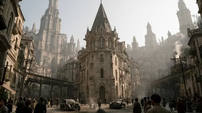 A grand dieselpunk city square with a central gothic tower building, vintage cars, crowds of citizens, and sprawling stone skyscrapers in a hazy atmosphere.