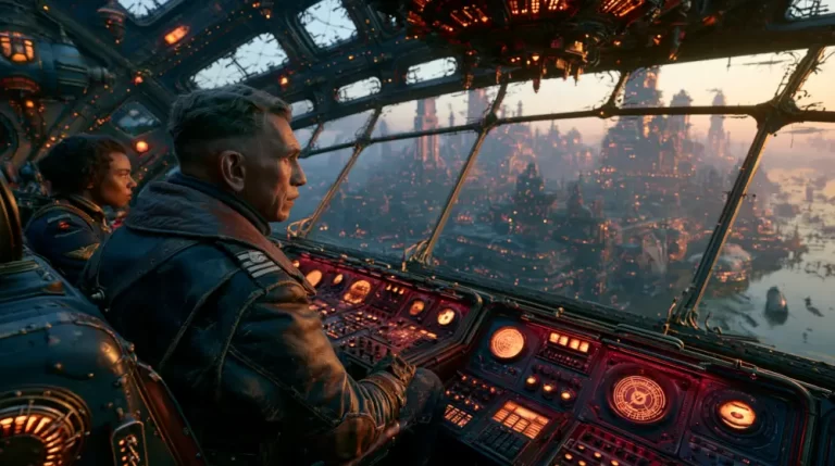 A pilot and co-pilot looking out of a large glass window from an airship cockpit at a sprawling dieselpunk megacity illuminated at sunset.