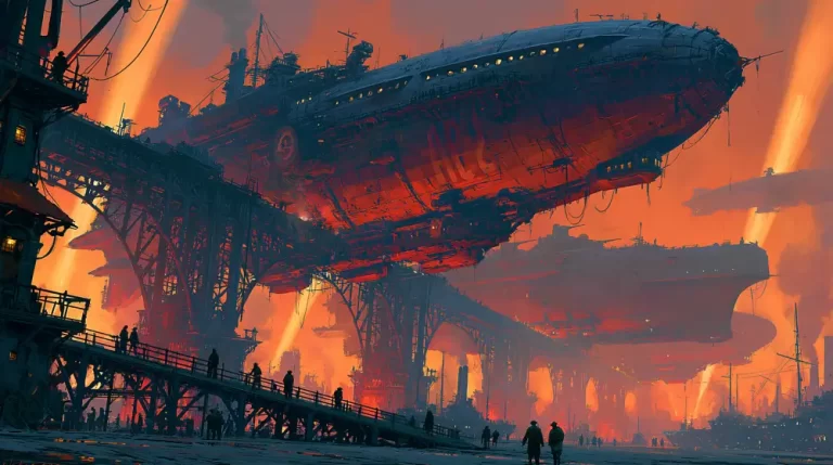 A colossal red dieselpunk battleship airship moored to massive iron scaffolding towers at a busy naval port under a fiery orange sky with searchlights.