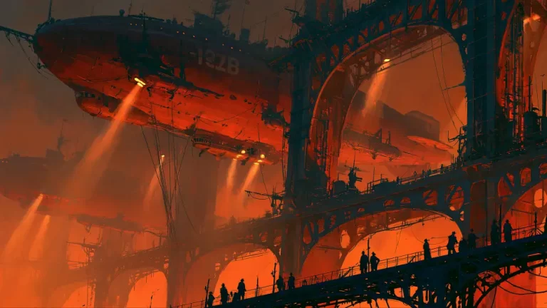 A massive red dieselpunk airship floating next to a towering iron scaffolding structure with bright searchlights casting down onto workers on elevated walkways at sunset.