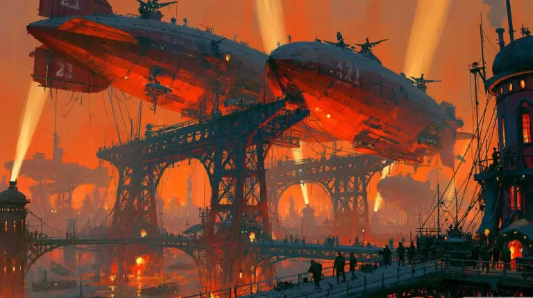 Two massive red military airships docked on complex industrial steel scaffolding structures over a busy shipyard base at an intense orange sunset.