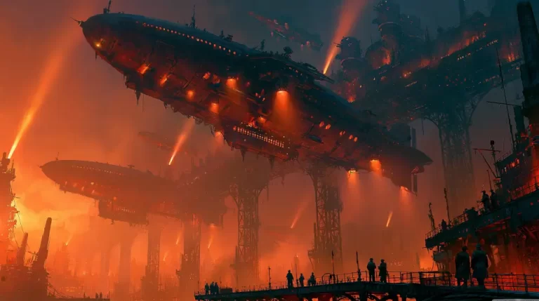 A massive dieselpunk military airfield with multiple armored zeppelins hovering near colossal iron support towers under an intense orange sky with searchlights.
