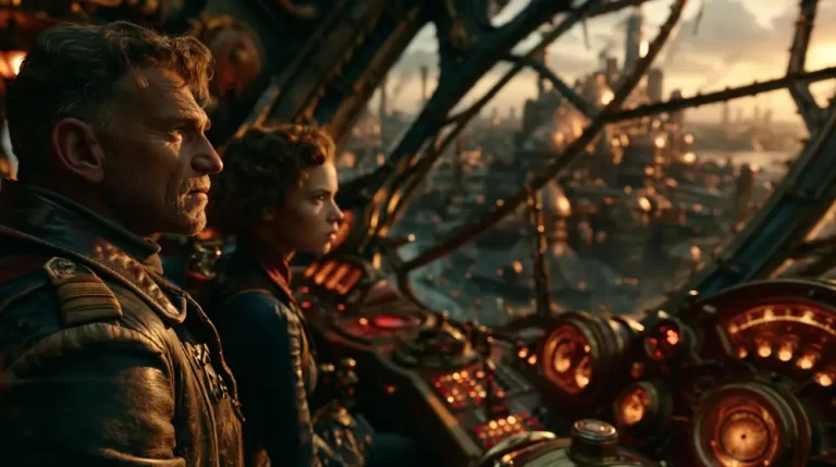 A male pilot and a young female co-pilot in uniform looking out from an airship cockpit at a dense dieselpunk industrial city during golden hour.