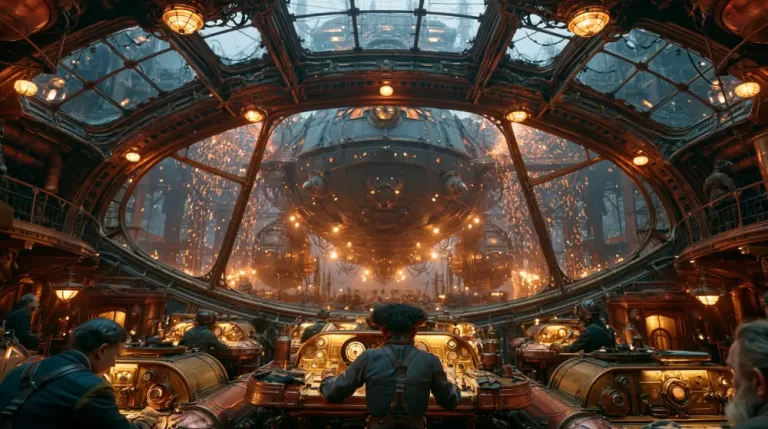 A grand view from a brass control deck with workers monitoring a massive spherical airship being welded amidst bright orange sparks inside a hangar.