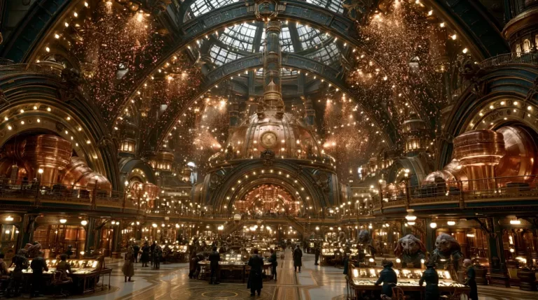 A grand wide shot of a cathedral-like dieselpunk generator hall with a central copper dome, workers at illuminated desks, and golden sparks raining from a vaulted ceiling.