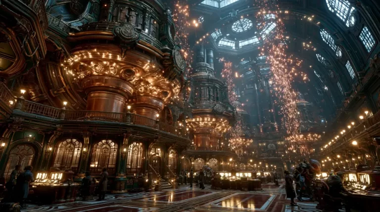 A vast dieselpunk generator palace with massive copper boilers on the left, workers at illuminated desks, and golden sparks raining down from a high glass dome ceiling.