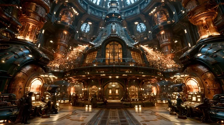 A symmetric interior view of a massive dieselpunk power generator facility with a central domed reactor core emitting sparks and operators at control stations.