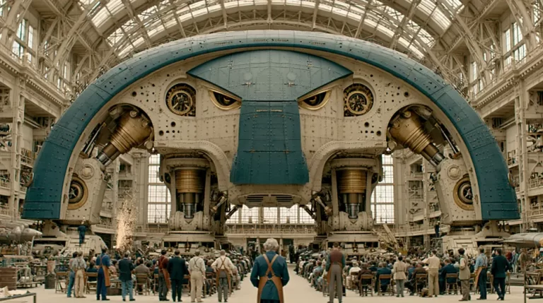 A massive blue and beige dieselpunk mechanical walker shaped like a creature inside a grand glass-vaulted assembly hangar filled with workers and spectators.