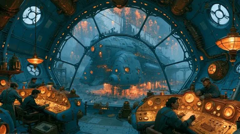 A high-angle view from a blue industrial control room where technicians monitor a massive locomotive-style airship under assembly with bright sparks.