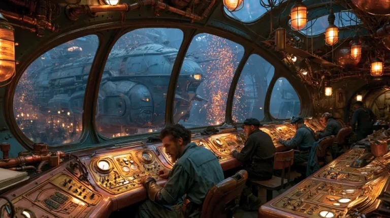 A wide view inside a retro-futuristic control bridge with multiple technicians working at brass consoles while a giant metal submarine structure undergoes welding with bright sparks.