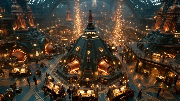 A high angle view of a massive dieselpunk power plant interior featuring large copper generator turbines and a central conical reactor core emitting sparks.