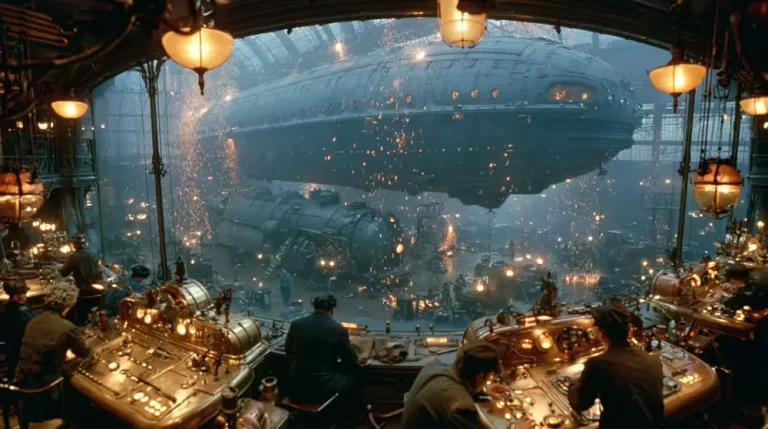 A high-angle view from a control room with brass panels where workers monitor the construction of a massive metal airship casting bright sparks.