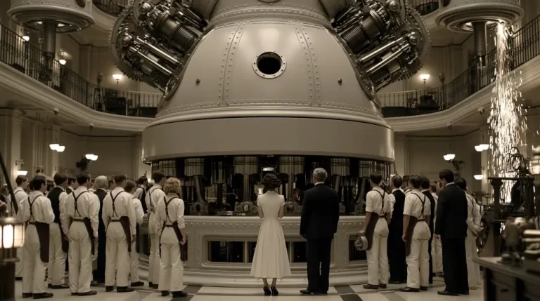 A group of vintage observers and engineers in white uniforms inspecting a massive spherical dieselpunk generator core inside an ornate multi-level facility.