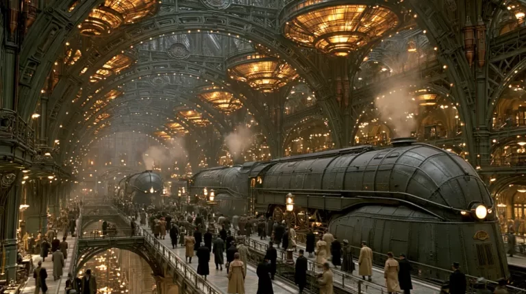 A grand dieselpunk train terminal with a massive steel arched ceiling, multiple dome-like light fixtures, and a sleek green steam locomotive next to an elevated platform crowded with passengers.