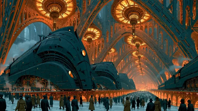 A grand dieselpunk railway station with towering gothic steel arches glowing in orange light, large pendant lamps, and several streamlined black trains flanking a crowded platform.