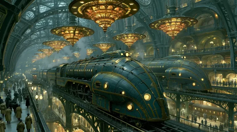 A spectacular multi-level dieselpunk train station with a massive green steel vaulted ceiling, hanging golden chandeliers, and two streamlined teal locomotives on elevated viaduct tracks over a crowd.