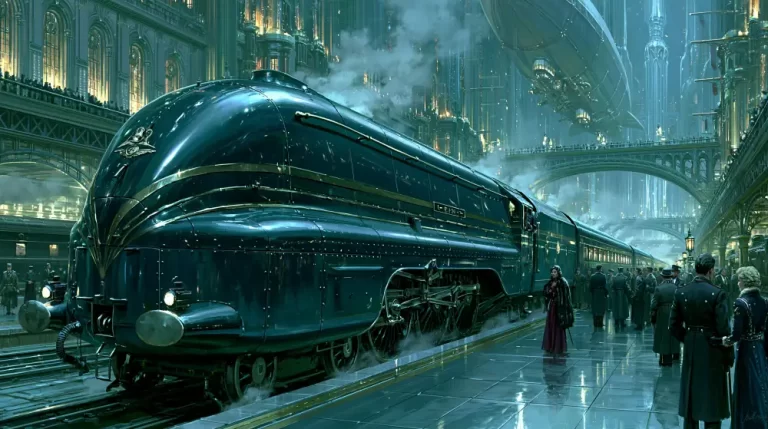 A sleek dark green dieselpunk streamliner locomotive stopped at a wet outdoor station platform with passengers and a massive zeppelin floating over high tech skyscrapers in the background.