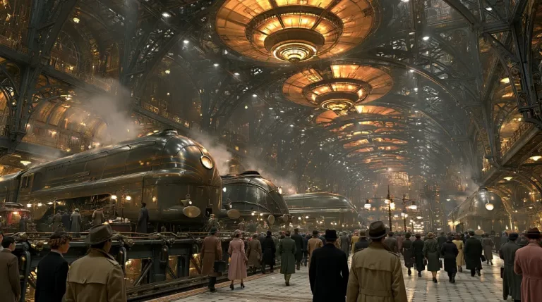 A bustling dieselpunk train station with a massive iron vaulted ceiling, glowing golden lights, multiple steam locomotives, and a crowd of passengers walking along the platforms.