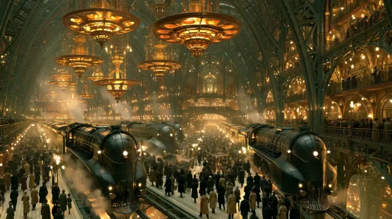 A spectacular dieselpunk train terminal with massive ornate golden chandeliers hanging from a high steel arch, multiple steam trains, and crowded platforms.