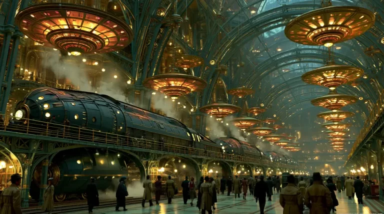 A grand multi-level dieselpunk train station with a massive green steel vaulted ceiling, numerous glowing brass chandeliers, and a sleek blue locomotive along a crowded platform.