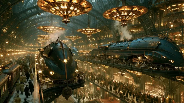 A grand multi-level dieselpunk train station with giant golden light fixtures hanging from a steel arched ceiling, crowded platforms, and sleek blue steam locomotives.