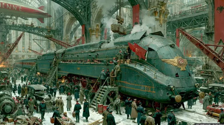 A colossal green streamlined dieselpunk train at a busy snow-covered station terminal surrounded by crowds, military personnel, vintage cars, and an airship overhead.