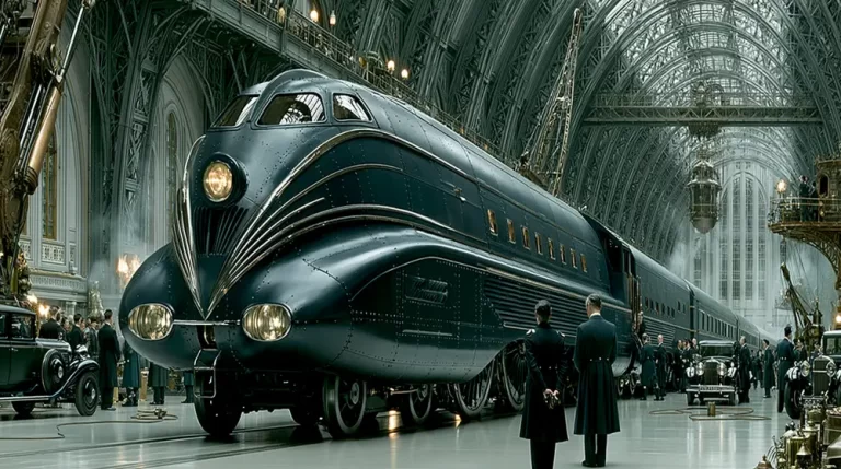 A massive dark green streamlined dieselpunk train inside a grand glass-vaulted station hangar with retro cars and officers in uniform standing on the platform.
