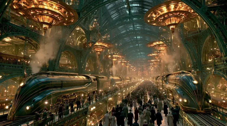 A grand dieselpunk railway station with a massive vaulted glass ceiling, glowing circular brass chandeliers, and two streamlined steam locomotives flanking a crowded platform.