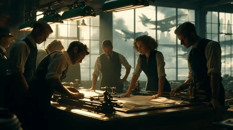 A group of vintage engineers analyzing blueprints on a large lit drafting table in an industrial design office with airplanes visible outside large windows.