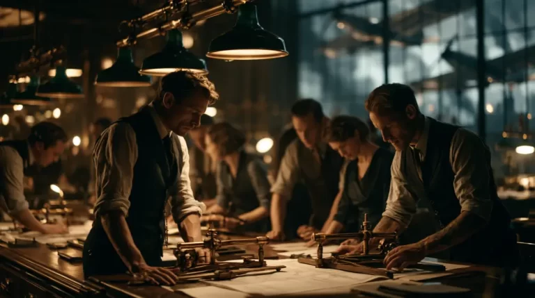 A group of vintage engineers and designers working on technical blueprints at large drafting tables under hanging green lamps in a dark workshop office.