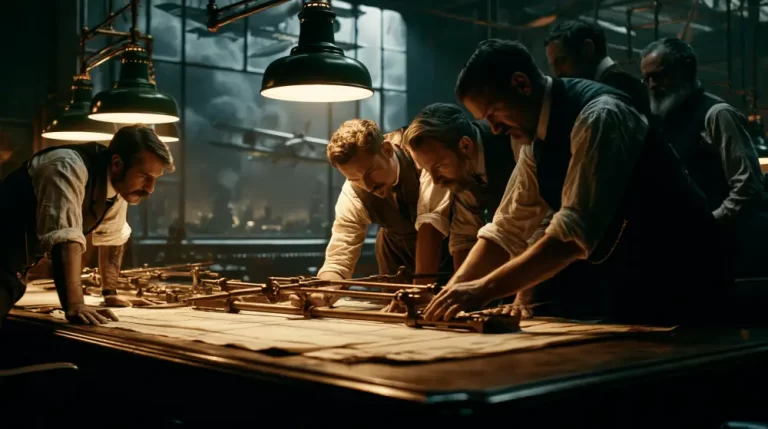 A group of vintage male engineers leaning over a large wooden drafting table to inspect a complex mechanical machine blueprint under hanging green industrial lamps.