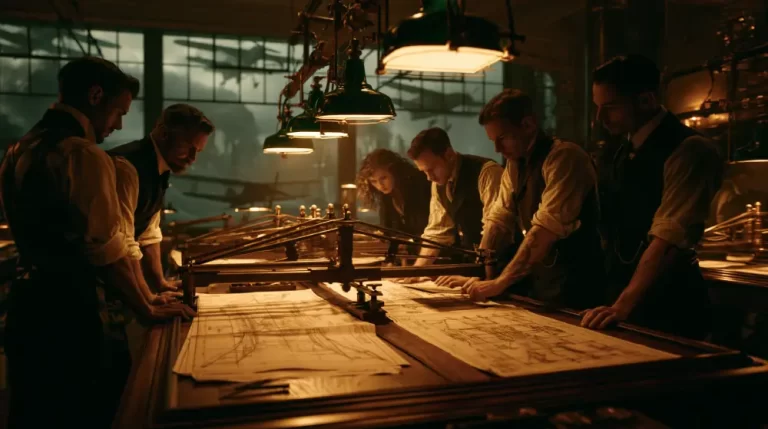 A dedicated group of retro engineers reviewing large technical blueprints spread across heavy wooden drafting tables under hanging green lamps.