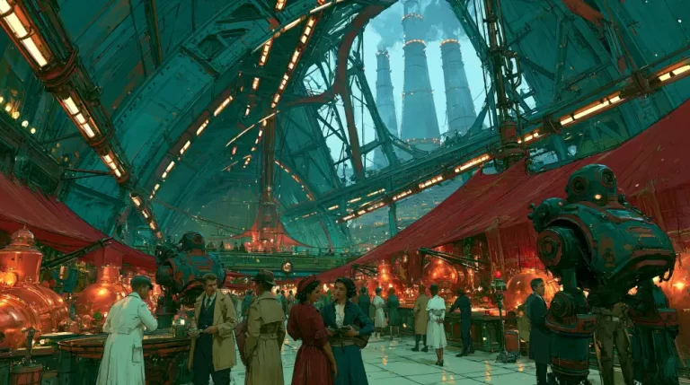 A busy dieselpunk indoor market under a huge teal cathedral vault with glowing orange lights, multiple shoppers, and heavy red robots looking at tall smokestacks.