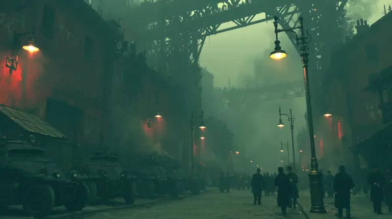 A foggy dieselpunk street with armored military vehicles parked on the left, pedestrians walking in long dark coats, and a massive steel arch overhead.
