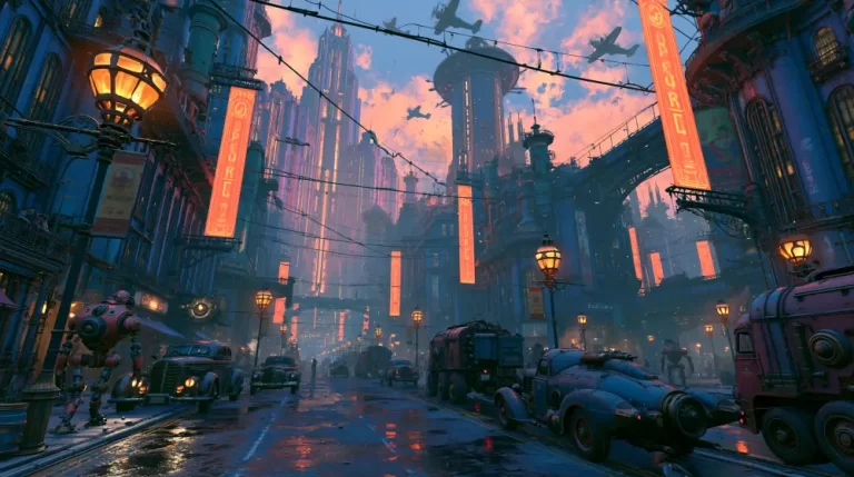 A wide dieselpunk city avenue at twilight with wet reflective asphalt, vintage armored cars, walking robots, and glowing orange neon banners hanging between imposing industrial skyscrapers.