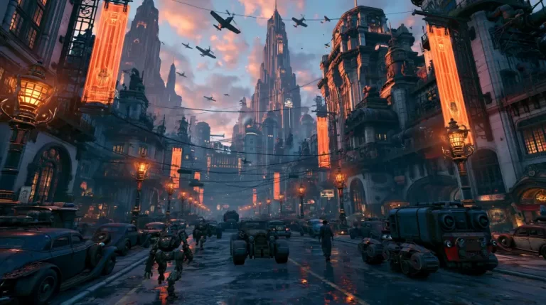 A wide dieselpunk city avenue at sunset with retro vintage cars, heavy armored trucks, walking robots, and multiple propeller aircraft flying over towering art deco skyscrapers.