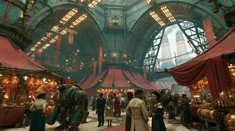 A crowded dieselpunk bazaar under a massive green steel vaulted dome ceiling with street vendors, red canopies, and heavy mechanical robots walking among people.