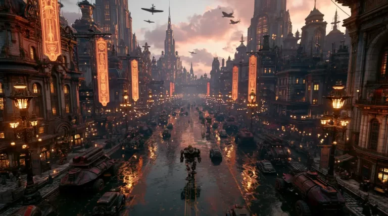 A grand dieselpunk city avenue at sunset with wet reflective asphalt, vintage cars, armored vehicles, walking robots, and glowing orange neon banners hanging from skyscrapers.