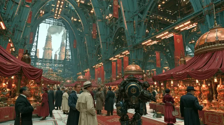 A bustling dieselpunk market inside a massive green iron vault decorated with red banners, populated by shoppers and a heavy robot with factory smokestacks outside.