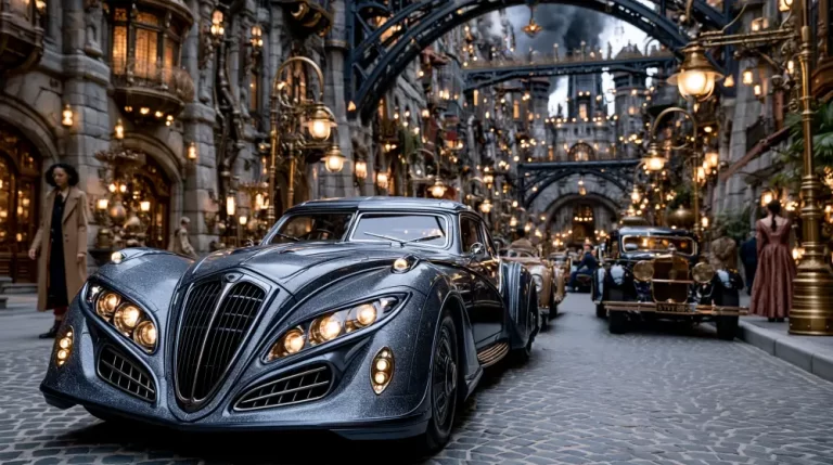 A sleek metallic grey dieselpunk luxury sports car parked on a busy cobblestone street surrounded by intricate gothic architecture, ornate brass streetlamps, and vintage citizens.