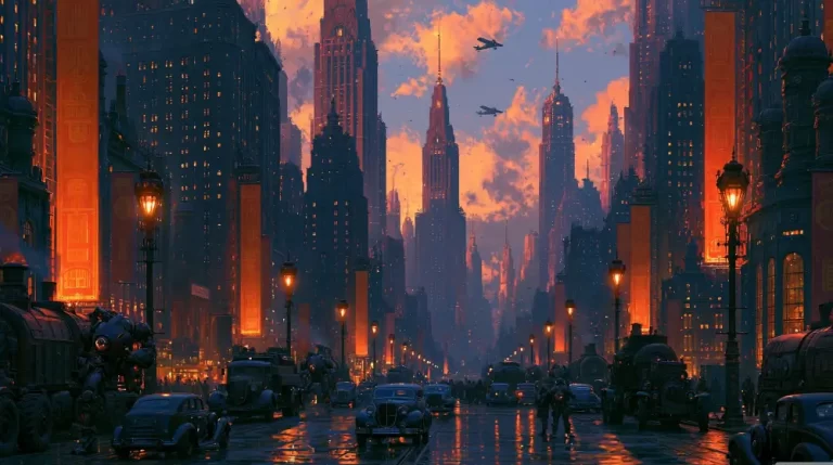 A grand dieselpunk avenue at sunset with wet reflective asphalt, vintage cars, heavy trucks, and glowing orange banners hanging from massive skyscrapers under a dramatic sky.