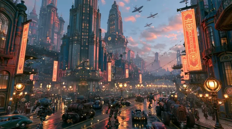 A wide dieselpunk avenue at twilight with towering industrial gothic skyscrapers, heavy mechanical walkers, retro armored cars, and bright orange vertical neon signs.